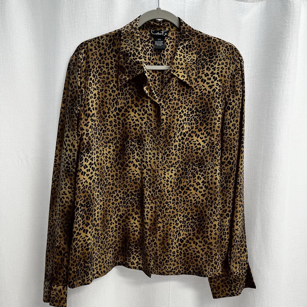 Color Fx Womens 100% Silk Brown Cheetah Print Blouse Classic‎ Career 90’s Large
